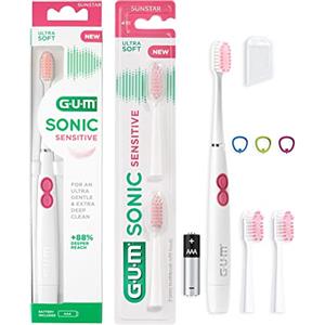 GUM Sonic Sensitive - Spazzolino elettrico alimentato a batteria, altamente portatile, fornisce una pulizia ultra delicata e profonda, 1 spazzola, 2 testine di ricambio, 1 batteria AAA, colore: bianco