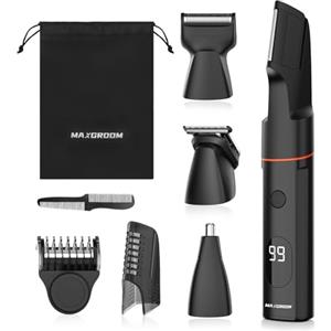 MAXGROOM Kit Rasoio Elettrico Corpo Uomo, Rasoio Elettrico Barba Regolabarba Uomo Depilatore 4 in 1 per Taglia Capelli, Barba, Peli Naso, Parti Intime Impermeabile IPX6 con Display a LED