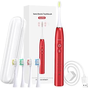 Gonlink Spazzolino Elettrico per Adulti con 4 Testine di Ricambio e Custodia da Viaggio, 5 Modalità e 4 Livelli di Intensità, Set di Spazzole Morbide Wireless Ricaricabili (Rosso)