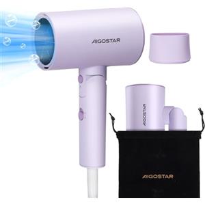 Aigostar Asciugacapelli da Viaggio - Tecnologia Ionica 2100W, 3 Temperature / 2 Velocità, Protezione Antieccesso di Calore, Viola con Borsa di Memorizzazione