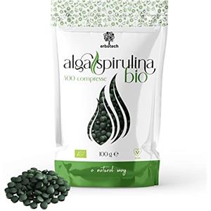 ERBOTECH Spirulina BIO in Compresse, Confezione da 100g, circa 400 Capsule, Alga 100% Biologica, Pura e Vegana, Fonte di Energia, Ricca di Proteine, Vitamine, Magnesio