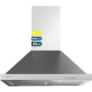 Cecotec Cappa aspirante piramidale 60 cm Bolero Flux PM 606500 Inox A. Motore 165 W, finitura inox, aspirazione 650 m3/h, controllo meccanico, 3 livelli di potenza, luce e filtro al carbonio