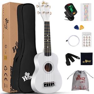 Winzz Ukulele Soprano Principianti Kit per Bambini Adulti, 21 Pollici Ukulele Bianco con 9 Accessori, Accordatore, Custodia, Tracolla, Corde, Adesivo per Tastiera, Carta degli Accordi