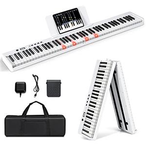 COSTWAY Tastiera Elettronica 88 Tasti Illuminati, Pianoforte Digitale Pieghevole Portatile con Custodia, Sustain Pedali, Modalità di Insegnamento, MP3/USB/MIDI/Bluetooth (Bianco)