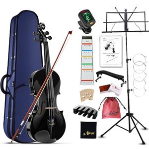 Aileen MUSIC Aileen Violino 4/4 per Adulti Principianti, Kit di Avviamento al Violino per Bambini dai 12 anni in su, Set di Violini Neri per Studenti con 13 Accessori, incluso Esclusivo Adesivo per Tastiera