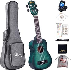 Winzz Ukulele Soprano Principianti Bambini Adulti 21 Pollici, Unico Blu-verde Ukulele Scuola Media Legno Kit 8 Accessori con: Adesivo per Tastiera, Carta degli Accordi