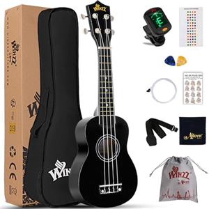 Winzz Ukulele Soprano Adulti, Ukulele Bambini Legno, 21 Pollici Ukulele Principianti, Nero Ukulele Scuola Media Kit con 9 Accessori, Adesivo per Tastiera, Carta degli Accordi