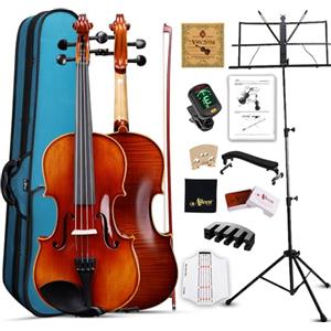 Aileen MUSIC Aileen - Violino 4/4 in legno massello, misura standard, per adulti e bambini dai 12 anni in su, set di violino per principianti e studenti, kit di violino professionale con 12 accessori (abete