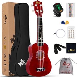 Winzz Ukulele Bambini 21 Pollici, Ukulele Soprano Adulti Principianti Set, Ukulele Rosso con Accordatore, Custodia, Tracolla, Corde, Plettri, Adesivo per Tastiera, Carta degli Accordi