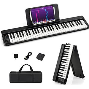 COSTWAY Pianoforte Digitale Pieghevole 61 Tasti, Tastiera Elettronica Portatile, con Tasti a Grandezza Standard Leggio Pedale Sustain MIDI Bluetooth e Borsa, per Principianti Bambini Adulti, Nero