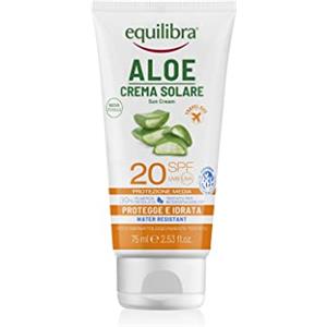 equilibra Solari, Aloe Crema Solare SPF 20 Travel Size, a Base di Aloe Vera, Vitamina C ed E, Olio di Argan, Olio di Cocco e Burro di Karité, Per un'Abbronzatura Sana e Naturale, Water Resistant, 75ml