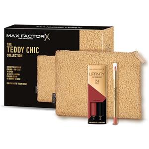 Max Factor, Cofanetto Regalo Donna Teddy Chic, Pochette in morbido tessuto teddy con Rossetto Lipfinity 070 Spicy + Colour Elixir Matita Labbra 5 Brown n Nude