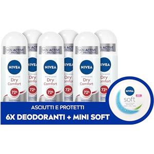 NIVEA Deodorante Roll On Dry Comfort 6 x 50 ml e Soft Mini crema corpo, viso e mani 25 g in omaggio, Cofanetto con deodorante donna e uomo e crema multiuso idratante - Kit Esclusiva Amazon