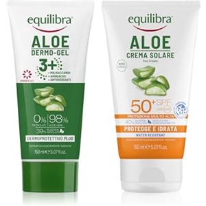 Equilibra, Multipack Aloe Dermo-Gel 3+ ed Equilibra Aloe Crema Solare 50+, Formato 150 ml, Crema Solare con Vitamina C, Vitamina E e Aloe Vera, Dermo-Gel con 99% Origine Naturale, 98% Aloe Vera