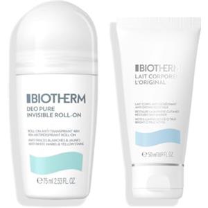 Biotherm Deo Pure Invisible Roll-On + Lait Corporel Body Milk Travel Size, Deodorante Roll-On Antitraspirante fino a 48H e Latte Corpo Idratante Anti-Secchezza, 75ml + 50ml