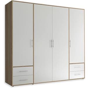 Stella Trading VALENCIA, Armadio effetto rovere Sonoma, bianco, a 4 ante molto capiente, versatile con ante a battente, per la vostra camera da letto, 206 x 195 x 60 cm, L x A x P