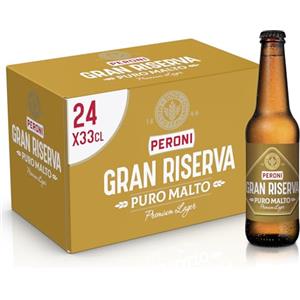 Peroni Birra Gran Riserva Puro Malto, Cassa con 24 Birre in Bottiglia da 33 cl, 7.92 L, Premium Lager dal Gusto Pieno e Rotondo, Gradazione Alcolica 5.2% Vol