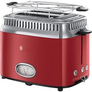 Russell Hobbs Tostapane - 2 Fette - Display per il conto alla rovescia in design retrò - Acciaio Inox Color Rosso; 6 livelli di Doratura; Funzione di Scongelamento; 1300 W, Retro Vintage 21680-56