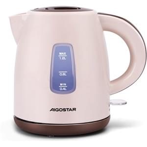 Aigostar Romeo X - Bollitore Elettrico Piccolo 1,2 Litri, 2200 Watt, Portatile Bollitore Acqua Elettrico con Filtro Anticalcare, Indicatore a Doppio Livello Kettle, Senza BPA, Base a 360°, Marrone