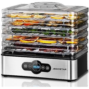 Aigostar Crispy - Essiccatore alimentare, 240W, 5 vassoi, essiccatura automatica, ottimo per frutta, carne, verdura ecc. controlli digitali, impostazione manuale di tempo e temperatura. Senza BPA.