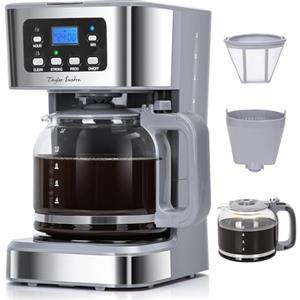 Taylor Swoden Macchina da Caffè Americano 950W per 12 Tazze e Capacità da 1,5 L con Filtro Riutilizzabile e Base con Mantenimento Caldo, Sistema Antigoccia, Timer e BPA FREE - Pewter