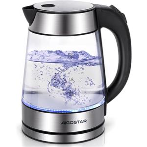 Aigostar Chubby - Bollitore Acqua Elettrico Acciaio Inox e Vetro Trasparente Borosilicato con LED illuminazione, Senza BPA, 1,7 litri, 2200W, Filtro Rimovibile, Spegnimento Automatico, base 360º