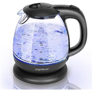 Aigostar Elfin 30IAX - Bollitore elettrico in vetro borosilicato con illuminazione a LED. 2200W, 1L, Bollitura Rapida, Nero. Protezione da bollitura a secco. SENZA BPA.