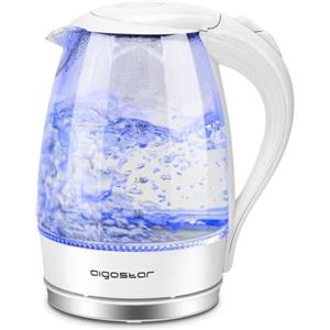 Aigostar Eve - Bollitore Acqua Elettrico in Vetro Borosilicato con LED blu, 2200W Bollitura Veloce, 1.7L Teiera Senza filo con Base Girevole a 360°, Spegnimento Automatico, Senza BPA. Bianca