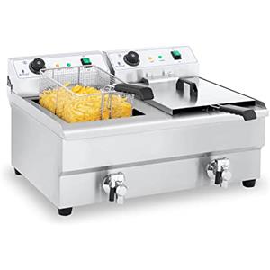 Royal Catering RCEF 16DH-1 Friggitrice Professionale Friggitrice Elettrica Doppia (2 x 3200 W, 230 V, 200 °C, 16 litri per cestello, Acciaio inox, 2 valvole di scarico)