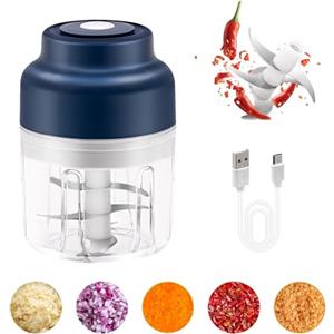 Mcbazel Tritatutto Alimentare Ricaricabile USB Senza Fili,Mini Tritatutto Elettrico con Capacità 320ML,Tritatutto per Aglio Senza Fili con 6 Lame in Acciaio Inossidabile per Carne,Verdure,Erbe - Blu