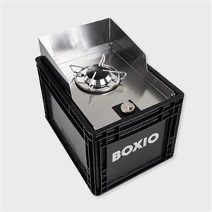 BOXIO - COOK: fornello da campeggio all-in-one in acciaio inox con spazio di archiviazione e protezione dal vento, cartuccia a gas per campeggio, attività all'aperto, vanlife e come fornello a