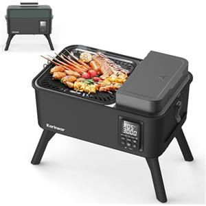 Karinear Woodfire Barbecue a Pellet da Campeggio Elettrico, Affumicatore e Friggitrice ad Aria 6 in 1, per Griglia, Friggere, Affumicare, Arrostire e Cuocere all'Aperto, Portatile