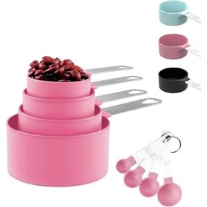 NOLACE Misurini e Tazze Accessori Cucina Set di 8 Cucchiai Dosatori 4 Tazze di Misura + 4 Cucchiai Dosatori con Manico in Acciaio Inossidabile,Set Cucchiai Dosatori,misurini riutilizzabili - Rosa