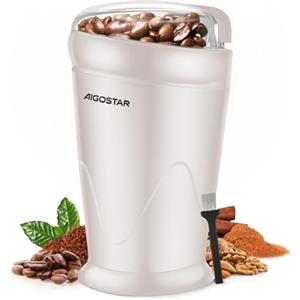 Aigostar Macinacaffè Elettrico, Macina Caffe' Elettrico con Lame in Acciaio Inossidabile, Macina Spezie con Spazzola Pulita, per chicchi di caffè, Semi e spezie, Capacità 60g, 150W, Bianco Latte