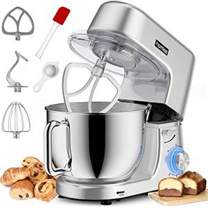 Homlee Impastatrice Planetaria Mixer, 1800W Robot da Cucina, Ciotola in Acciaio Inox da 7.2L, 6 Velocità, Basso Rumore con Gancio impastare, Protezione da Spruzzi, Frusta