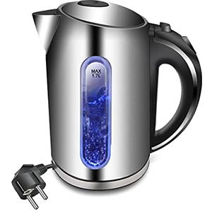 EXTRASTAR Bollitore Acqua Elettrico, Bollitore da 1,7L in inox con indicatore luminoso a LED blu,2200W, bollitore elettrico senza BPA con spegnimento automatico e protezione da bollitura a secco.