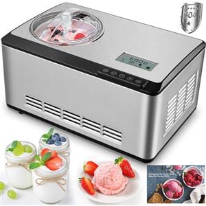 TLGREEN 2in1 Macchina per Gelato e Yogurt 2L, Gelatiera con Compressore, Gelatiera Autorefrigerante, Gelatiera Elettrica con Display LCD e Ricettario, per Gelato, Frozen Yogurt e Sorbetti, Acciaio Inox, 180W