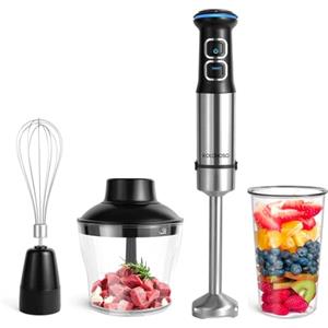 Kolohoso 1500W Frullatore a Immersione, Kolohoso 4 in 1 Minipimer in Acciaio Inox, Multifunzione Mixer Immersione 21 Velocità Regolabili, Frullatore con Frusta, 800ml Misurino un 600ml Tritatutto, senza BPA