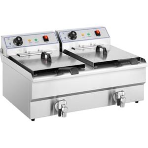 Royal Catering RCSF-16DTH Friggitrice Professionale Friggitrice Elettrica Doppia (2 x 16 L, 2 x 6.000W, 380V, 200°C, Rubinetto di Scarico, Acciaio Inox)