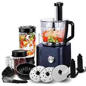 SNDOAS Robot da Cucina Multifunzione, 1100 W Frullatore Tritatutto Multifunzione, Ciotola 3,2 L, Frullatore da 1,5 L, Macinacaffè, Frusta, Blu Scuro