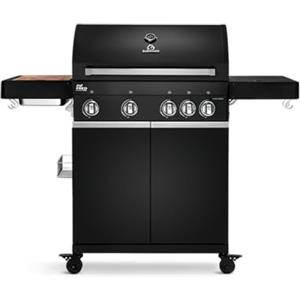 BURNHARD Barbecue a Gas a 4 fuochi Big Deluxe Black Series con bruciatore in Ceramica a 900°C e Piano di Cottura Laterale, Carrello Barbecue da 17 kW con tavolini Pieghevoli