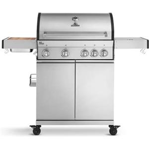 BURNHARD Barbecue a Gas a 4 fuochi Big Deluxe con bruciatore in Ceramica a 900°C e Piano di Cottura Laterale, Carrello Barbecue in Acciaio Inox da 17 kW con tavolini Laterali Pieghevoli