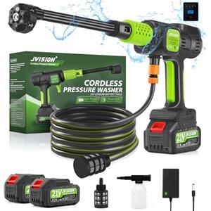 JVISION Idropulitrice a Batteria, Mini Idropulitrice Portatile con Pressione Regolabile a 4 Stadi e 2 Batteria da 21V, Idropulitrice Senza Fili ad alta Pressione Per Pulizie Esterni Giardino Auto (Verde)