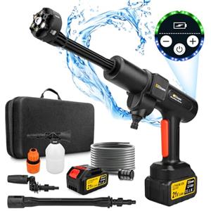 highsam Gisam Idropulitrice a Batteria, Max 507 PSI con 2 x 3000mA Batterie, Spruzzatore di Schiuma, 6 in 1 Multiuso Ugello e 180° Ugello Girevole per Pulire e Irrigazione