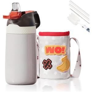 FEIJIAN Borraccia Bambini acciaio inox con cannuccia + Zaino, Senza BPA- Thermos 350ml, senza Perdite Bottiglia Termica - Caldo/Freddo, Bottiglia Acqua riutilizzabile - per campeggio, scuola, asilo