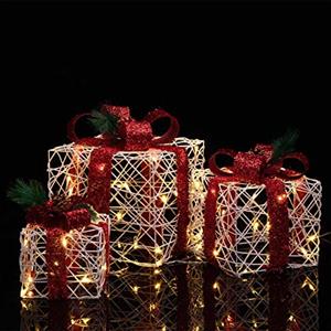 BAKAJI Set 3 Pacchetti Pacchi Regalo Luminosi di Natale con Decorazioni Addobbi Luci Led Natalizie Box Luminose in Rattan Natale Scatole con Luci Festive Kit Decorazioni Natalizie Interni Esterni