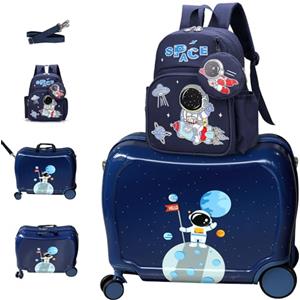 R.Leone Valigia Cavalcabile per Bambina EasyJet 45x36x20 cm + 30x23x14 cm Set 2 Pezzi Trolley Bagaglio a mano 4 Ruote e Zaino 325 (Astronauta, Valigia 45x36x20cm+Zaino)