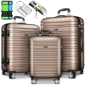 tillvex® Set di 3 valigie da viaggio con bilancia per bagagli, cinghie per valigie e etichette per valigie, set rigido da 4 ruote, trolley con serratura TSA, valigetta rigida M-L-XL