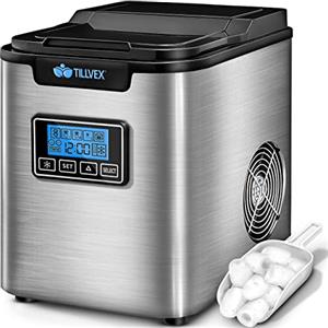 tillvex Macchina del Ghiaccio 12 kg - 24 h | Macchina Ghiaccio Casa in Acciaio Inossidabile | Macchina Professionale | 2,2 L Serbatoio d'Acqua | Display LED, Timer | 3 Misure Cubetti di Ghiaccio