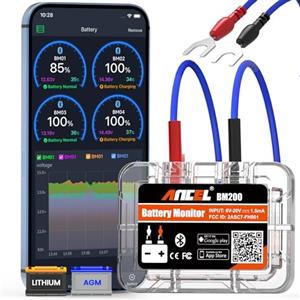 ANCEL BM200 Tester Batteria Auto 12V, Battery Monitor Bluetooth 4.2 Per batterie al litio e al piombo con allarme di prova di carica a manovella Registrazione dello storico della tensione